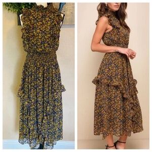 Lulus Evalina Mustard Yellow Floral Print Mock Neck Midi Dress Size